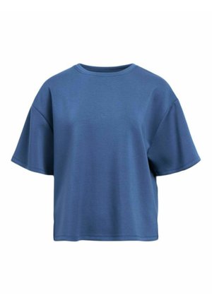 Niebieska krótkozasiębowa koszulka wykonana z miękkiego materiału, z okrągłym dekoltem i luźnym krojem, o gładkiej fakturze i jednolitym kolorze.