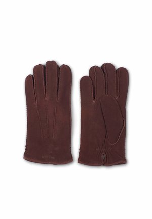 Brune lærhansker med en glatt tekstur, tre sømmer på baksiden og elastisk håndledd for en tett passform.