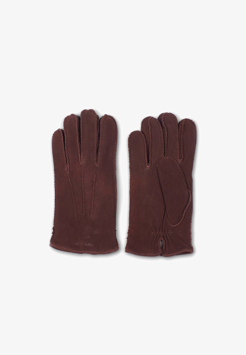 Hnědé kožené rukavice s hladkým povrchem, se třemi švy na hřbetě a elastickým zápěstím pro pohodlné nošení.