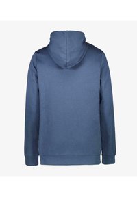 Blauwe hoodie met een gladde textuur, lange mouwen en een minimalistisch ontwerp. De achterkant vertoont geen zichtbare logo's of versieringen.