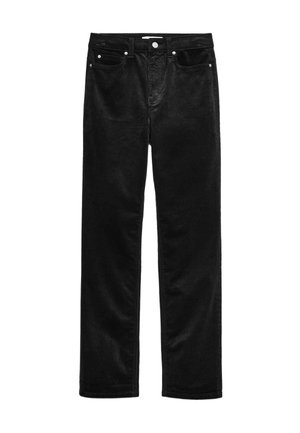 Pantalons droit en velours côtelé noir avec un design à cinq poches, bouton en métal à l'avant et fermeture éclair. Texture douce avec un léger relief.