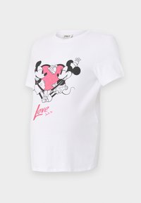 White T-shirt featuring a graphic of Mickey and Minnie Mouse holding hands, with a pink glitter heart and "Love" text in pink below.