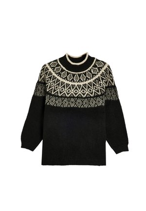 Maglione nero lavorato a maglia con un giromanica a motivo e dettagli in crema. Collo e polsini a coste, vestibilità rilassata e tessuto strutturato.
