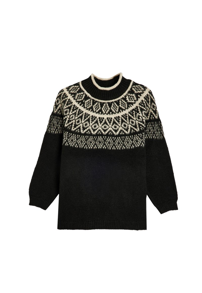 Maglione nero lavorato a maglia con un giromanica a motivo e dettagli in crema. Collo e polsini a coste, vestibilità rilassata e tessuto strutturato.