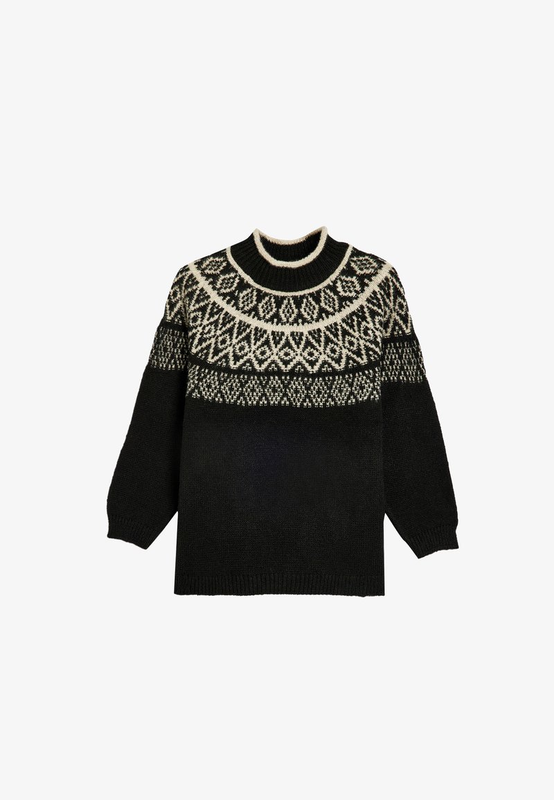 Maglione nero lavorato a maglia con un giromanica a motivo e dettagli in crema. Collo e polsini a coste, vestibilità rilassata e tessuto strutturato.