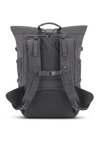 Dark gray backpack with padded shoulder straps, adjustable buckle, mesh back panel, zippered compartments, and a prominent carrying handle on top.
