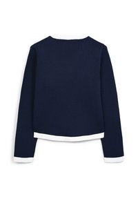 Maglione blu navy con maniche lunghe, texture a costine, colletto bianco e dettagli a fondo. Tessuto leggero, design cropped con finiture pulite.