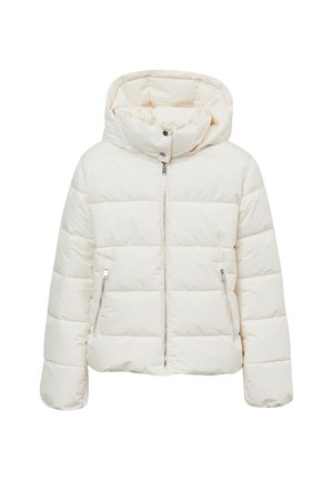 Gepolsterte weiße Jacke mit Kapuze, ausgestattet mit einem Frontreißverschluss, zwei Seitentaschen und einem gesteppten Design mit horizontalen Paneelen.