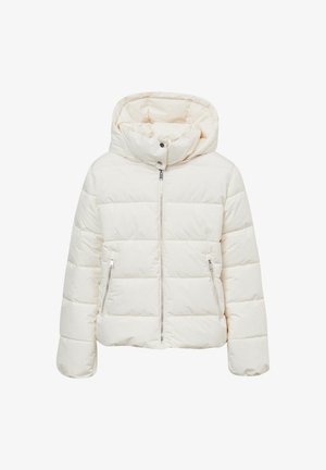 Gepolsterte weiße Jacke mit Kapuze, ausgestattet mit einem Frontreißverschluss, zwei Seitentaschen und einem gesteppten Design mit horizontalen Paneelen.