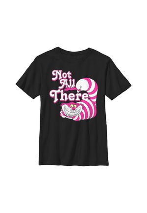 Sort t-shirt med lyserød og hvidstribet Cheshire Cat fra Alice i Eventyrland og tekst "Not All There" i hvid og lyserød skrift.