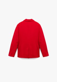 Rød blazer, glat stof, skræddersyet design med klapkrave, lange ærmer og knapdetaljer. Slids bagpå for øget bevægelsesfrihed.