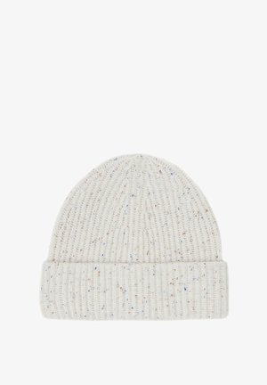 Gestrickte Beanie-Mütze in Creme mit geripptem Muster. Beinhaltet kleine Sprenkel in Blau und Braun. Umgeschlagener Rand für zusätzliche Wärme.