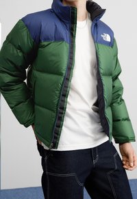 Groene en marineblauwe donsjack met een hoge kraag, ritssluiting en contrasterende zwarte voering. Het materiaal lijkt glad en gewatteerd.