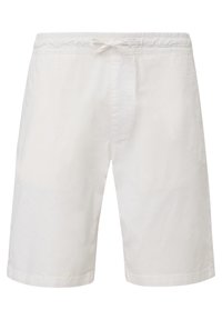 Shorts de bain blancs en tissu léger, dotés d'une ceinture élastique, d'une fermeture à cordon et de poches latérales. Texture lisse, longueur au genou.