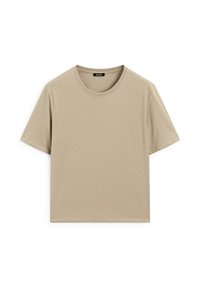 Beige Baumwoll-T-Shirt mit Rundhalsausschnitt und kurzen Ärmeln, das einen lässigen Schnitt und eine glatte, leichte Textur aufweist. Keine sichtbaren Muster oder Akzente.