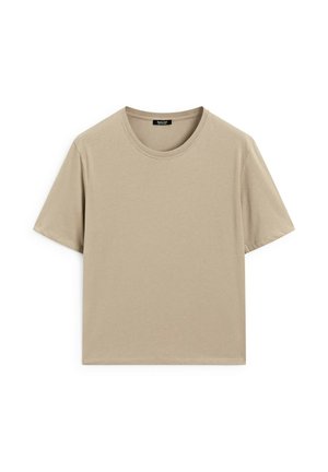 Beige katoenen t-shirt met een ronde hals en korte mouwen, met een relaxte pasvorm en een gladde, lichte textuur. Geen zichtbare patronen of accenten.