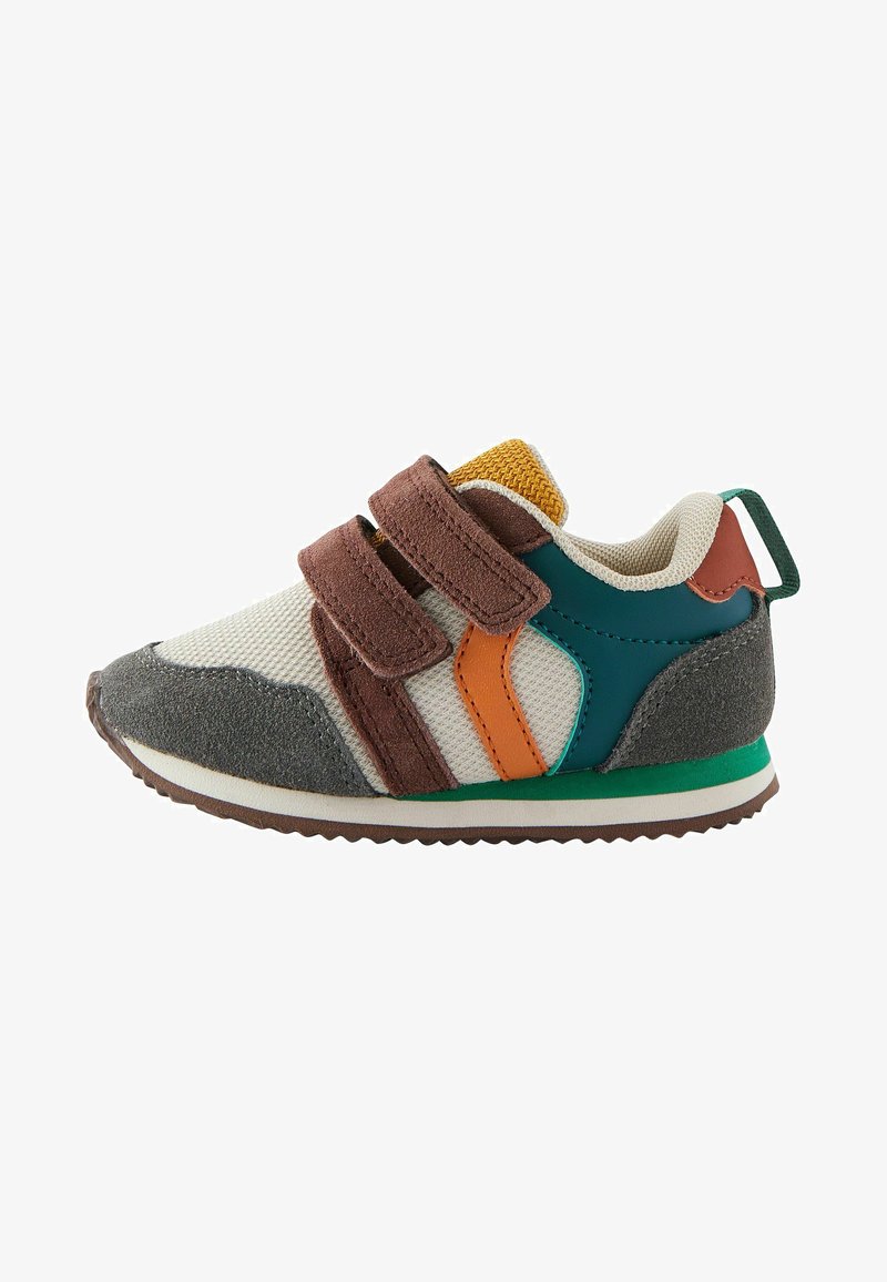 Velcro sneaker with mesh upper in cream, charcoal, brown, and teal. Features orange and green accents, textured suede panels, and rubber sole.