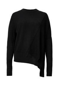 Maglione nero asimmetrico realizzato in materiale lavorato a maglia, con scollatura a girocollo, maniche lunghe e design diagonale con texture variabili.