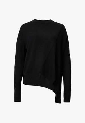 Asymmetrischer schwarzer Pullover aus Strickmaterial, mit Rundhalsausschnitt, langen Ärmeln und diagonaler Gestaltung mit verschiedenen Texturen.