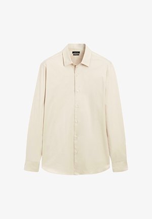 Langærmet skjorte i lys beige stof, med klassisk krave, fuld knaplukning foran og lige søm.