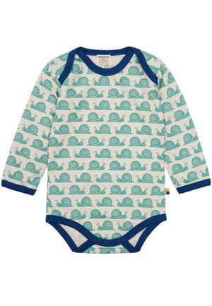 Body a maniche lunghe per bambini in crema con un motivo di lumache color teal. Presenta rifiniture blu attorno al collo e alle aperture delle gambe. Realizzato in morbido cotone.