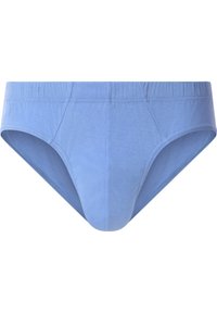 Himmelblaue Herrenunterhosen mit elastischem Bund und konturiertem Frontbeutel, aus glattem Stoff gefertigt.