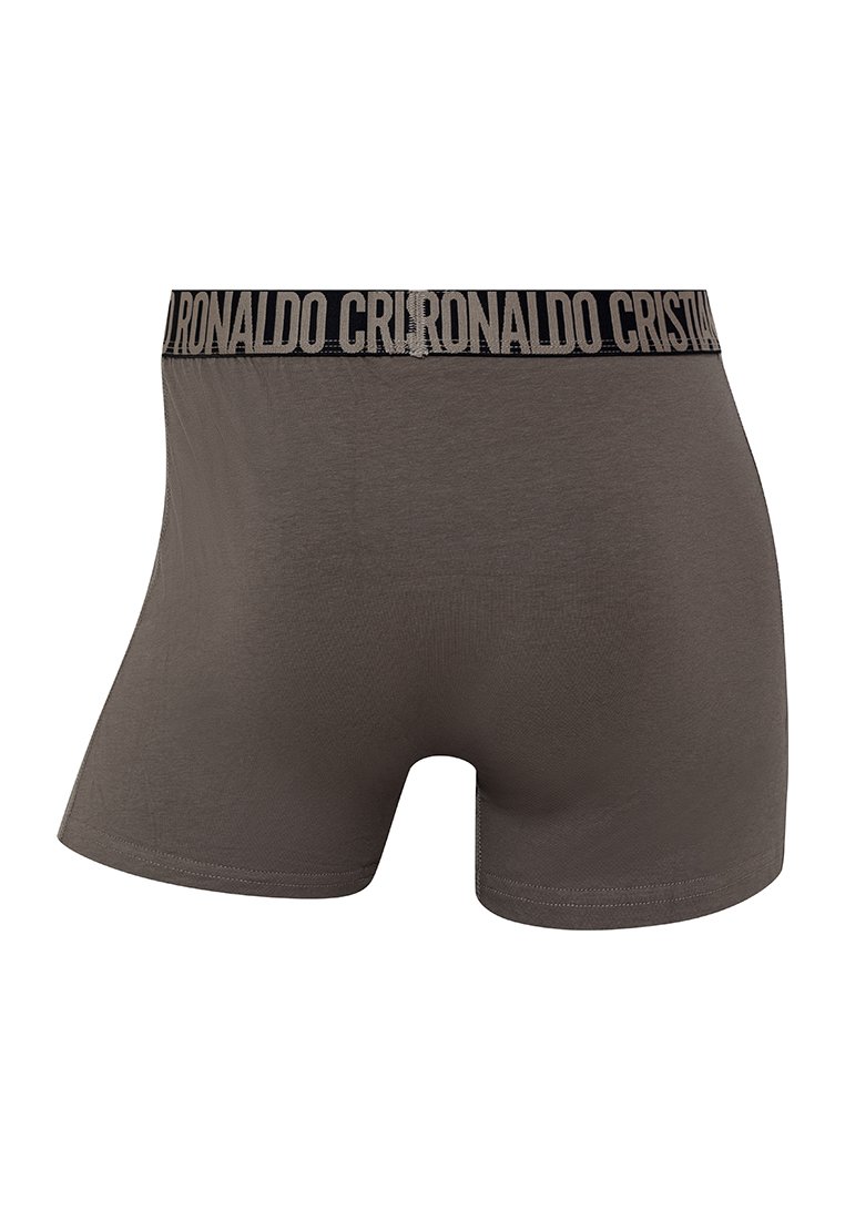Bóxer de hombre en gris oscuro con una textura suave, que cuenta con una cinturilla negra impresa con "CR7" en un color contrastante.