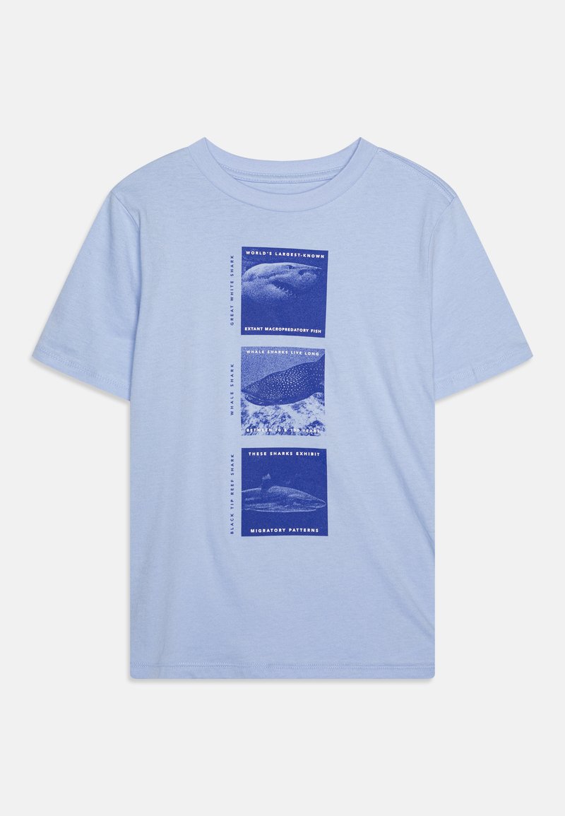 T-shirt en coton bleu clair présentant trois carrés graphiques bleus avec des illustrations de requins et un texte décrivant les espèces et les caractéristiques des requins.