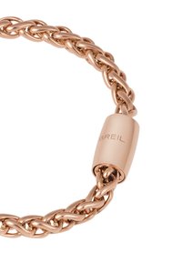 Náramek z růžového zlata s propletenými články, hladkým povrchem a cylindrickou sponou vygravírovanou značkou "BREIL."