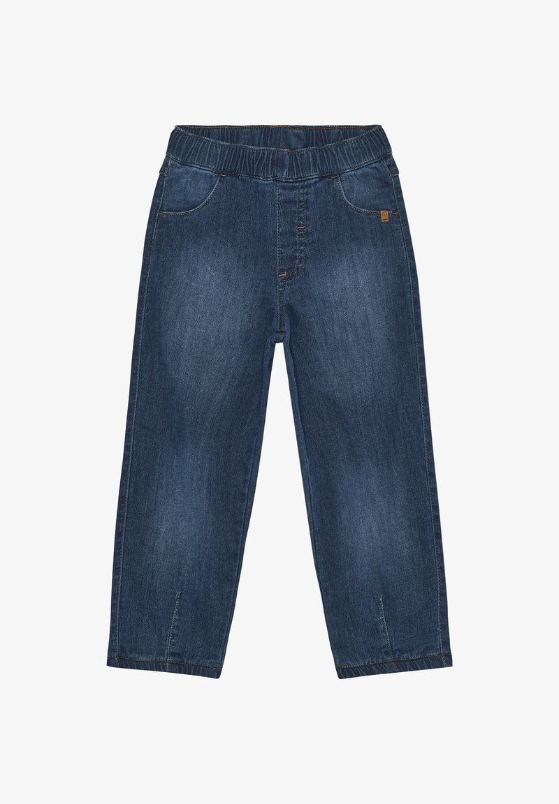 Jeans in einem dunkelblauen Waschton mit elastischem Bund, geradem Schnitt und zwei Taschen vorne. Glatte Textur mit dezenten Nähten.