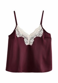 Burgunderfarbenes Satin-Camisole mit einem weißen Spitzen-V-Ausschnitt, verstellbaren Trägern und einer glatten Textur, mit einer dezenten Tasche auf einer Seite.