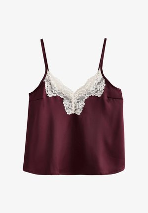 Burgundowa satynowa koszulka z białą koronkową dekoltem w kształcie litery V, regulowanymi ramiączkami i gładką teksturą, z subtelną kieszonką z jednej strony.