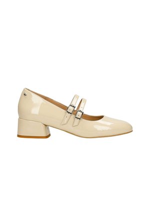 Scarpe Mary Jane in pelle verniciata beige con punta quadrata, due cinturini regolabili con fibbia e tacco a blocco spesso.