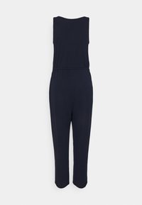 Marinblå ärmlös jumpsuit med elastisk midja och avsmalnande ben, tillverkad av mjukt tyg, med rund halsringning och utan synliga stängningar.