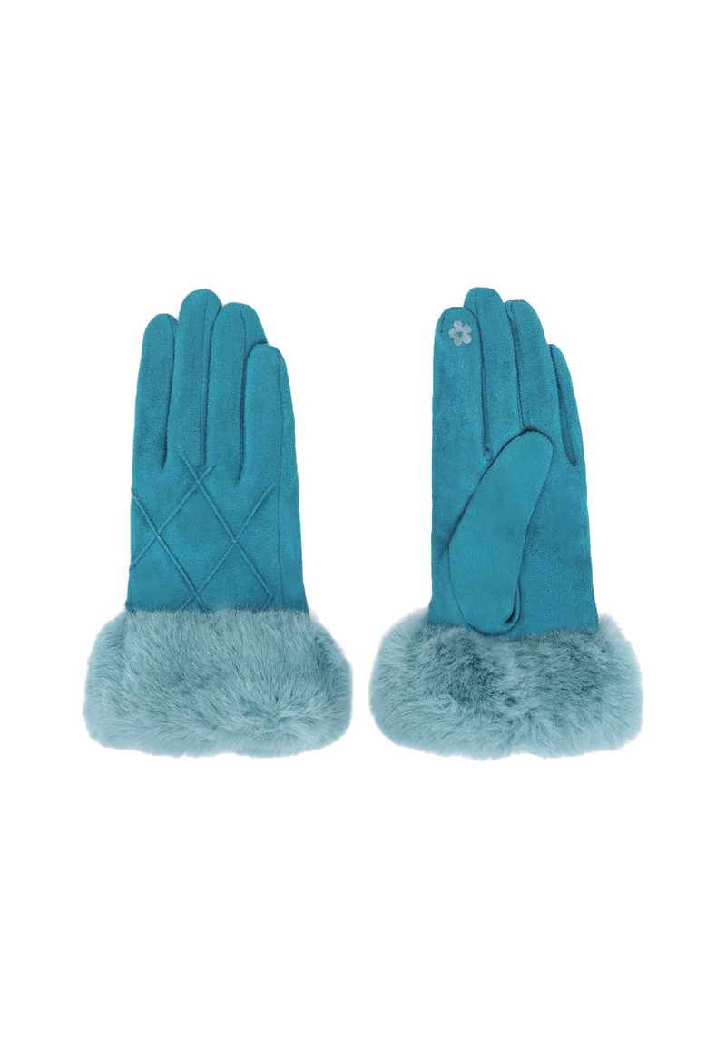 Guanti turchesi in morbida pelle scamosciata, con una morbida costina di pelliccia e un motivo di cucitura diagonale sul retro. Piccolo fiore decorativo su un guanto.