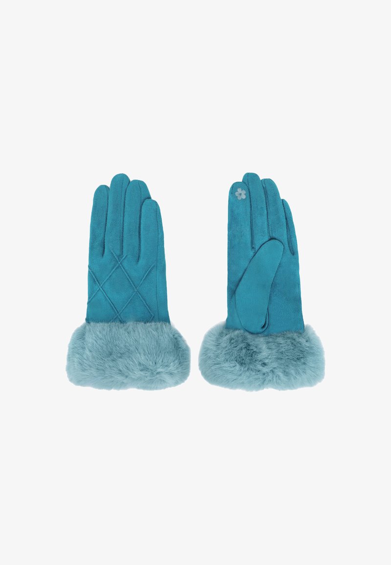 Guanti turchesi in morbida pelle scamosciata, con una morbida costina di pelliccia e un motivo di cucitura diagonale sul retro. Piccolo fiore decorativo su un guanto.