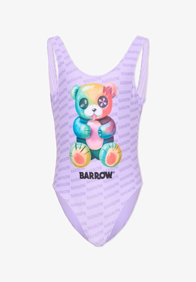 Maillot une-pièce lilas avec un motif d'ours en peluche multicolore et un motif répété de texte "BARROW" sur le tissu.
