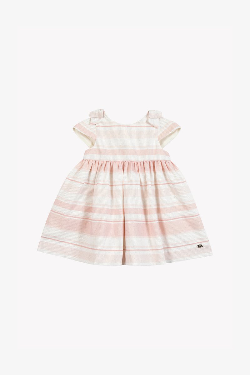 Ριγέ φόρεμα με κοντά μανίκια, διαθέτει ροζ και λευκό ύφασμα, υφασμένο σχέδιο και φούστα με ελαστικές πιέτες. Μικρά φιόγκοι ως διακοσμητικά στα ώματα.