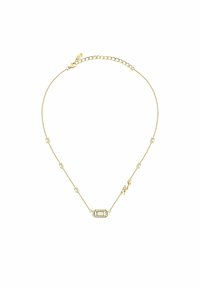 Collana in oro con ciondolo rettangolare decorato con pietre trasparenti, intervallato da elementi quadrati lungo la catena. Chiusura con gancio regolabile.