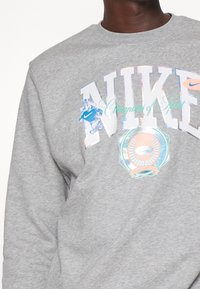 Man bär en grå sweatshirt med stor Nike-logotyp, tecknad hundgrafik och sporttema vapen på framsidan.
