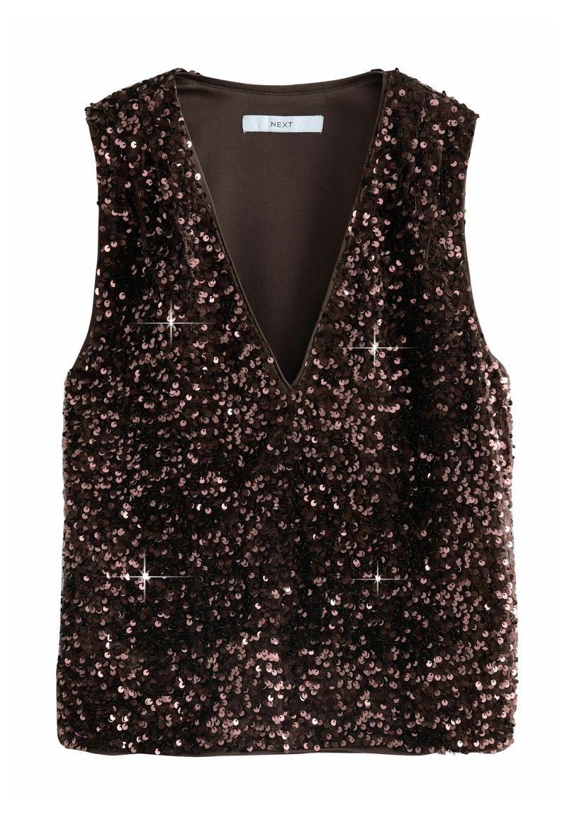 Black sleeveless top with a deep V-neck, adorned with sequins in shades of brown and rose, featuring a smooth inner lining and shimmering accents.