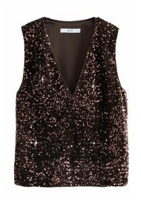 Czarny top bez rękawów z głębokim dekoltem w kształcie litery V, ozdobiony cekinami w odcieniach brązu i różu, z gładką podszewką i błyszczącymi akcentami.