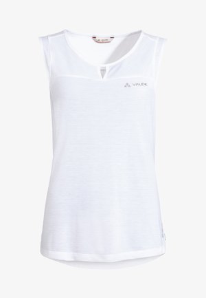 Top bianco senza maniche realizzato in tessuto leggero, con scollatura rotonda, dettaglio a chiave e logo discreto sul petto. Texture liscia.