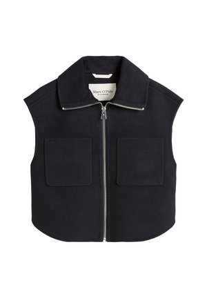 Marineblauw mouwloos gilet met een overhemdkraag, twee voorzakken met klep en een zilveren rits. Zachte stof met een gladde textuur.