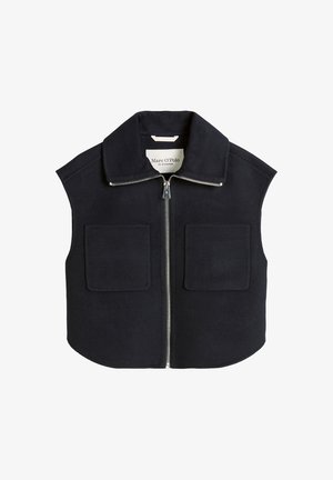Marineblauw mouwloos gilet met een overhemdkraag, twee voorzakken met klep en een zilveren rits. Zachte stof met een gladde textuur.