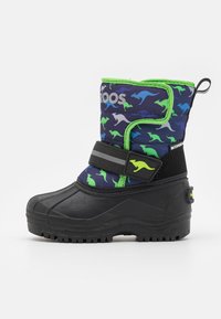 Wasserdichte Winterstiefel mit einem Obermaterial aus marineblauem Stoff, das mit grünen und blauen Känguru-Mustern versehen ist, schwarzer Gummisohle und verstellbarem Riemen.
