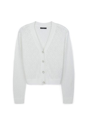 Cardigan bianco lavorato a maglia con motivo a diamante, scollatura a V e chiusura frontale con bottoni in metallo argentato. Texture morbida e design cropped.