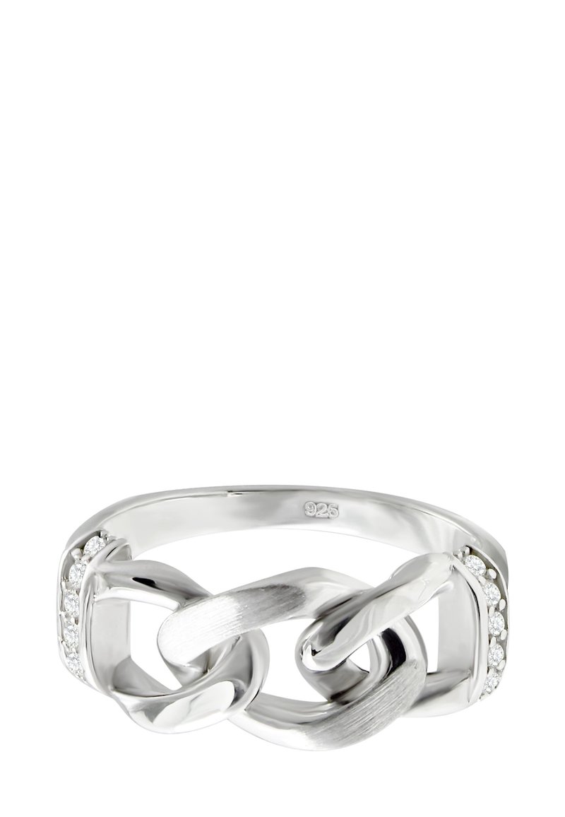 Bague en argent sterling avec un design de chaîne torsadée. Présente des textures polies et brossées, rehaussée de petites pierres claires sur un côté.