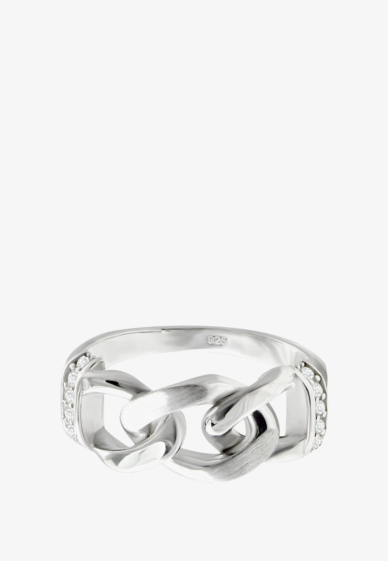 Bague en argent sterling avec un design de chaîne torsadée. Présente des textures polies et brossées, rehaussée de petites pierres claires sur un côté.