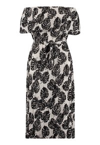 Olkapäiden yli tuleva mekko, joka on valmistettu kevyestä kankaasta, jossa on musta lehkämalli beige-taustalla. Mekossa on kapea vyötärö, jossa on solmittava yksityiskohta.